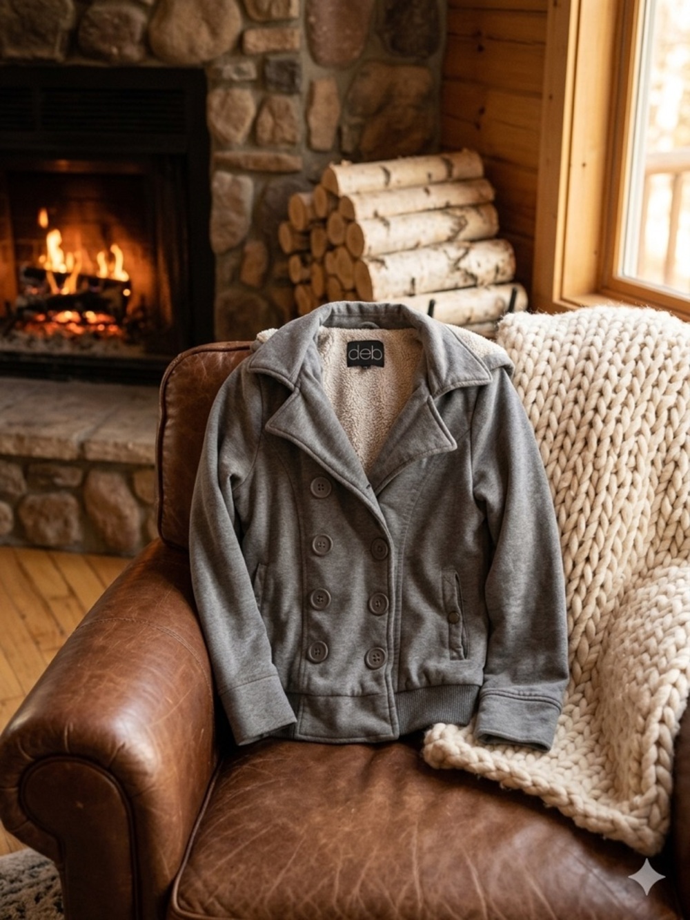 Deb Gray Double-Breasted Sherpa-Lined Pea Coat